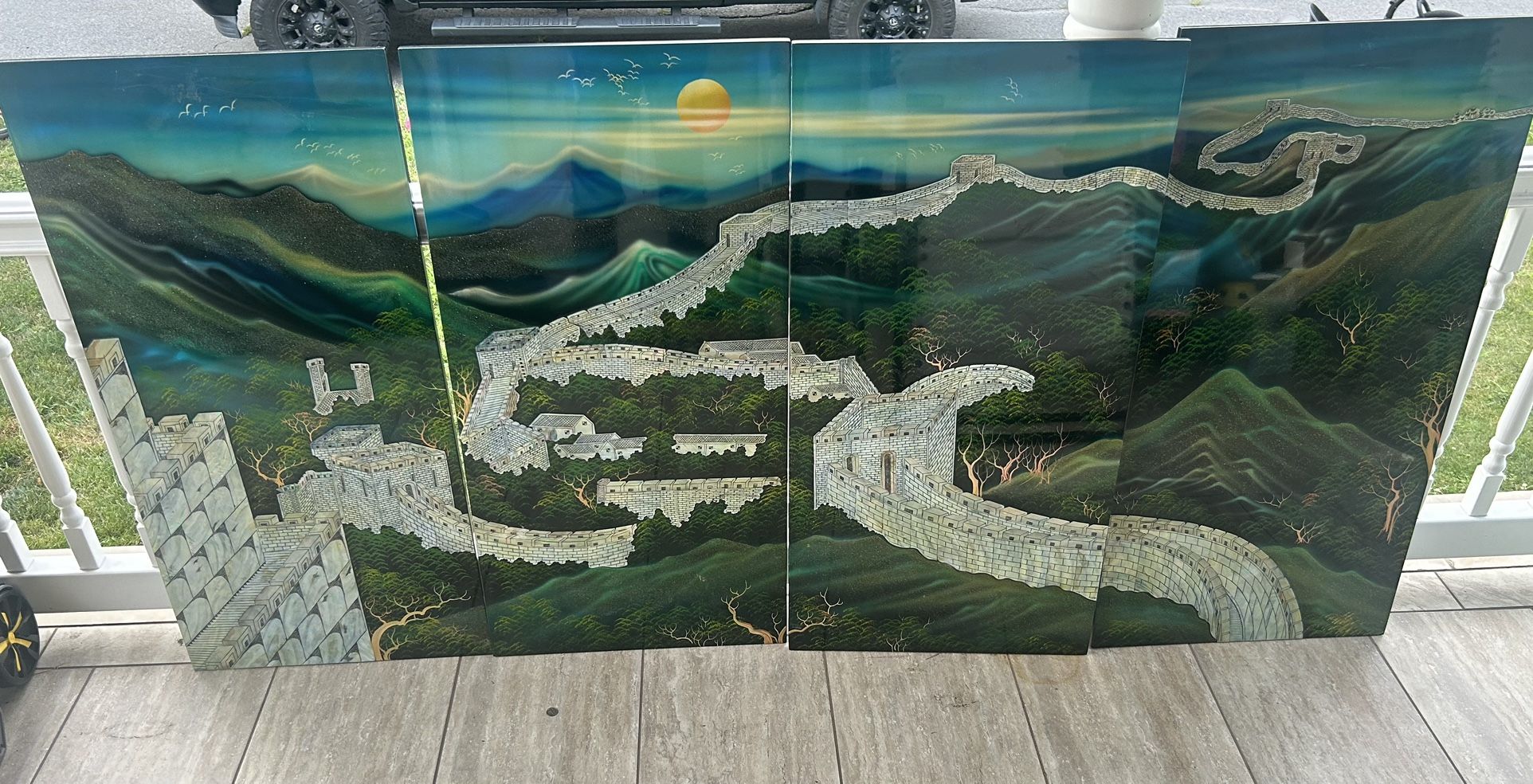 Huge Vintage Chinese 4 Panel Mother of Pearl Inlay Great Wall of China, Laquered Wall Panels .