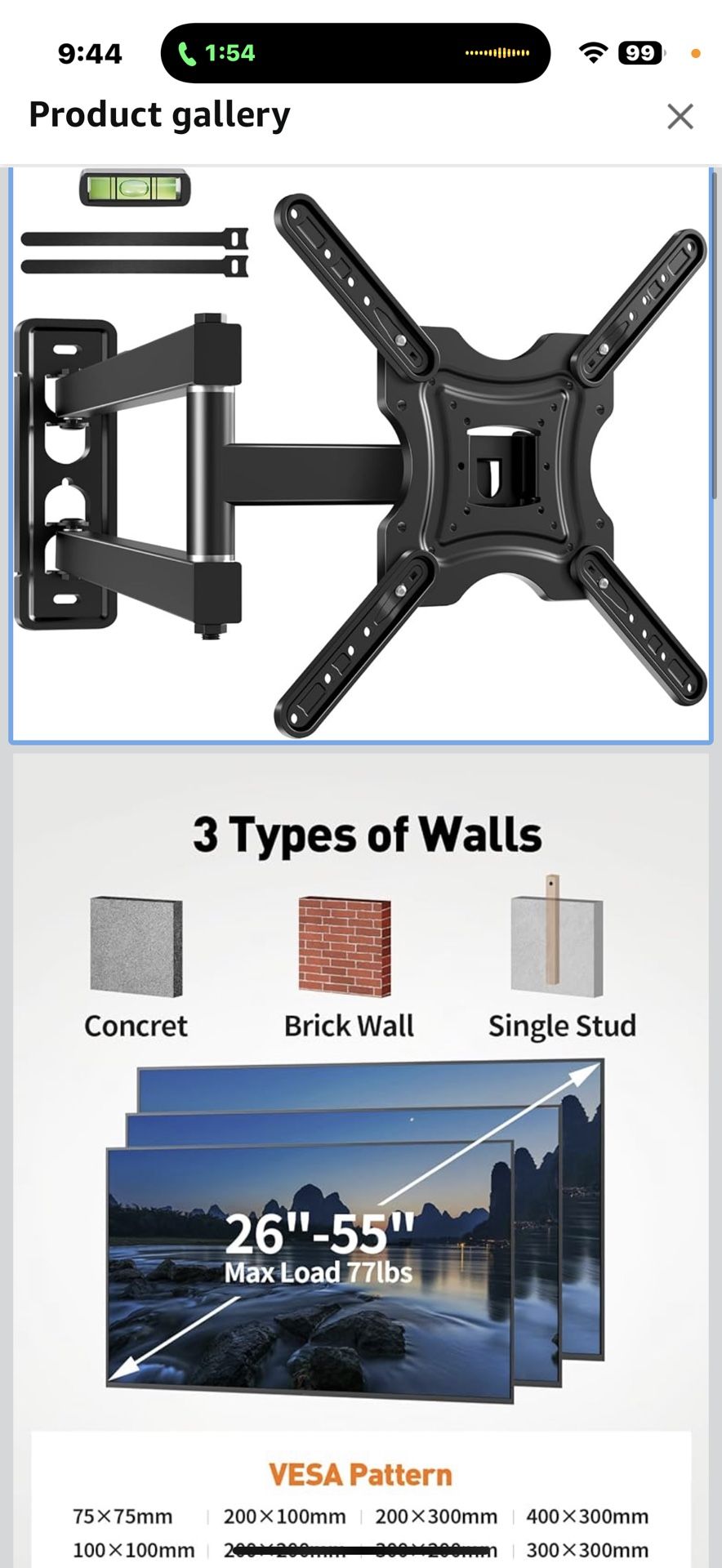 Full Motion TV Wall Mount, TV Mount for 26-55 inch LED TVs Monitors, Bracket with VESA 400x400mm up to 77lbs, Swivel Tilt Extension with Articulating