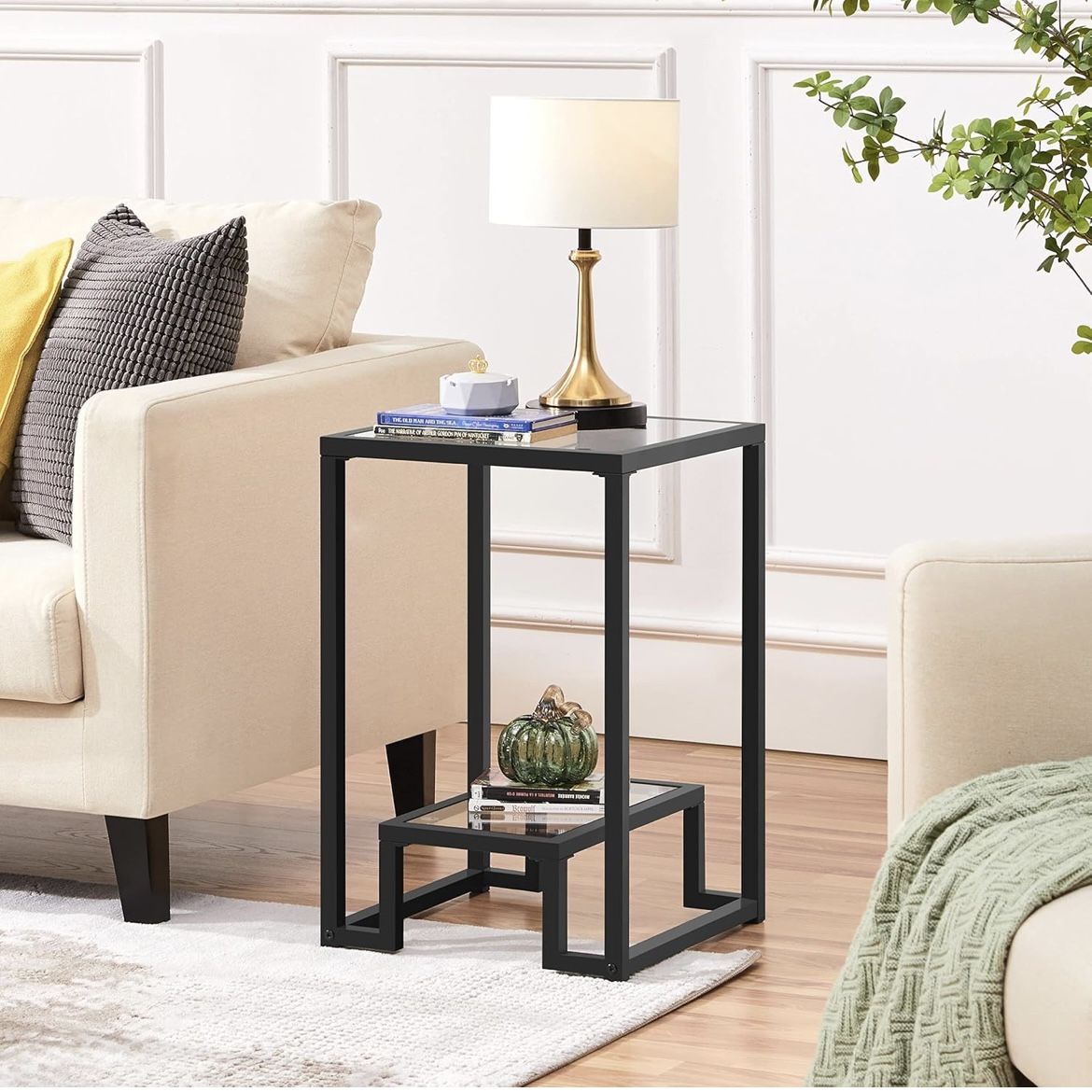 Glass Side Table, Tempered Glass End Table with Shelf and Sturdy Metal Frame, Modern Elegant Accent Snake Table Small Coffee Table for Living Room Hal