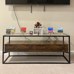 TV Cabinet for up to 55-Inch TVs, TV Stand with 2 Drawers, TV Console, Tempered Glass Top, Stable, for Living Room Bedroom Entertainment, Industrial, 