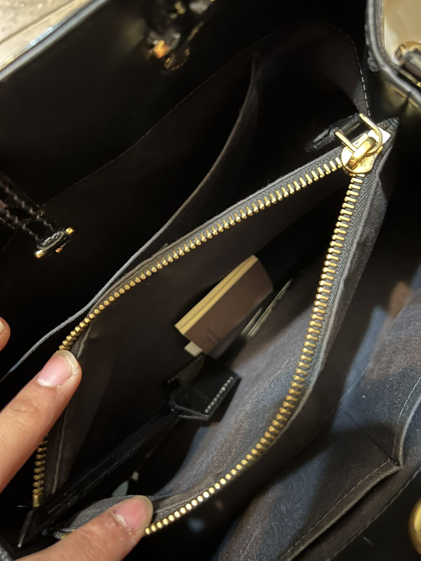 Louis Vuitton® Leather Insert A-line Coat Shiny Black. Size 38