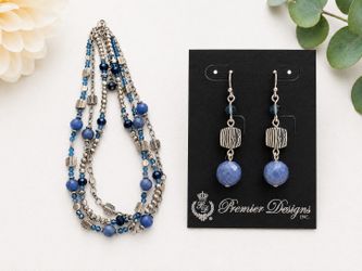 Premier Designs Blue Beaded Necklace & Dangle Earrings Set Adjustable Convertible Bracelet Silver Tone New