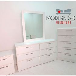 DRESSER WITH MIRROR, CHEST AND ONE NIGHTSTAND 