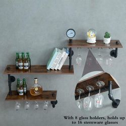 Wine Rack Wall Mounted Corner 3 Tier, Hanging Floating Small Mini Bar Liquor Shelves with Glass Holder Storage Under

