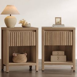 Fluted Night Stand Set of 2, Farmhouse Nightstands with Drawer Boho Bedside Table with Storage Shelf, Large End Tables Bed Side Tables for Bedroom, Ca