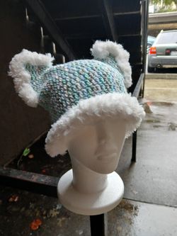 Crochet Blue and White Multicolor Cat Beanie with Fur