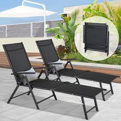 Esright Outdoor Chaise Lounge Set of 4, Adjustable Reclining Folding Pool Lounger for Poolside, Outside/370lb Weight Capacity, Black