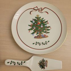 Vintage Christmas Tree Pie Cake Dessert Plate Utensil Server Porcelain Japan 