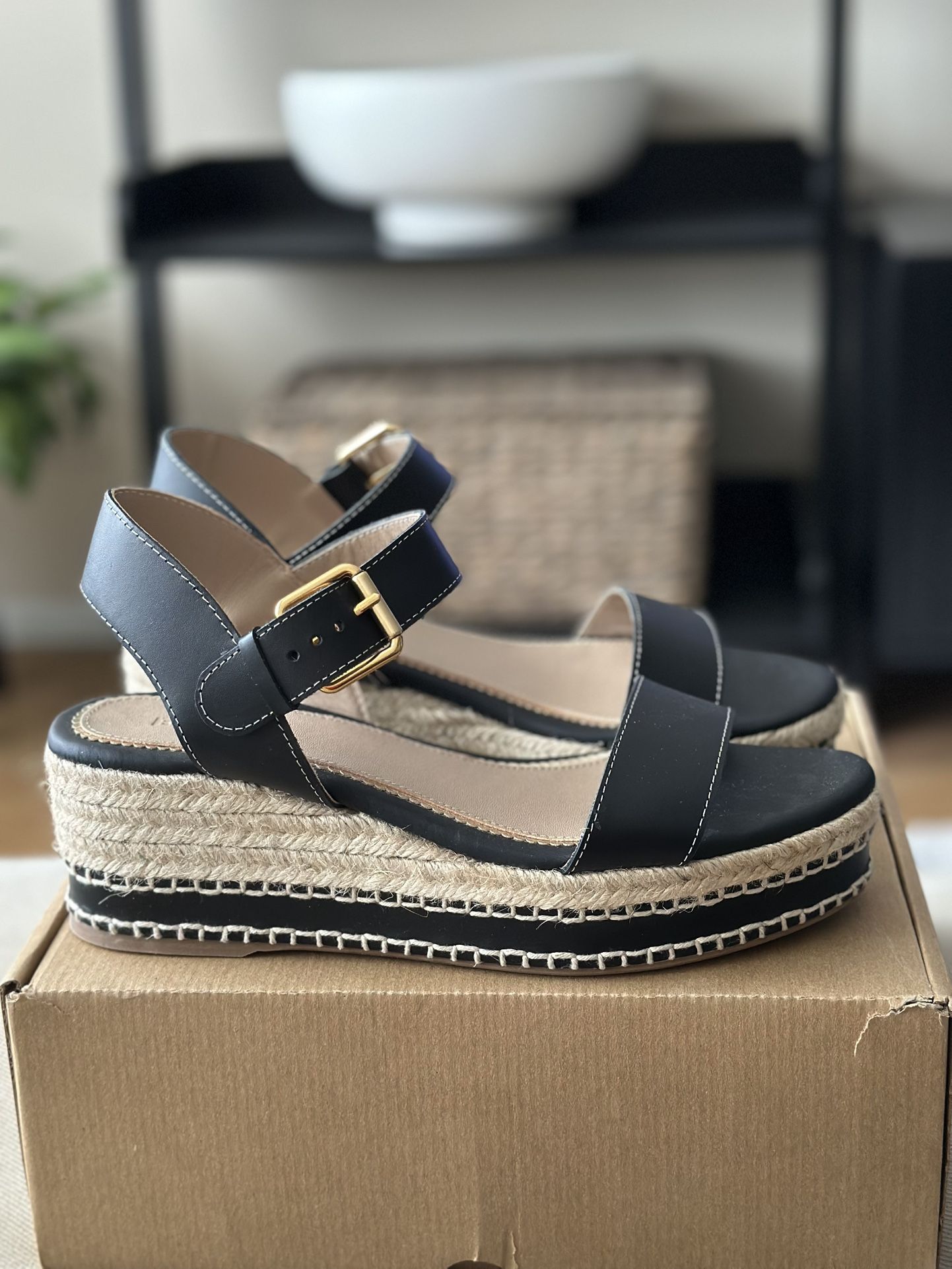Women’s Boden Stitched Wedge Espadrille- Black Size 40