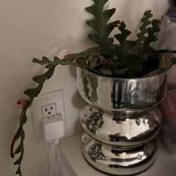 Chrome Vase W/ Fake Plant Included