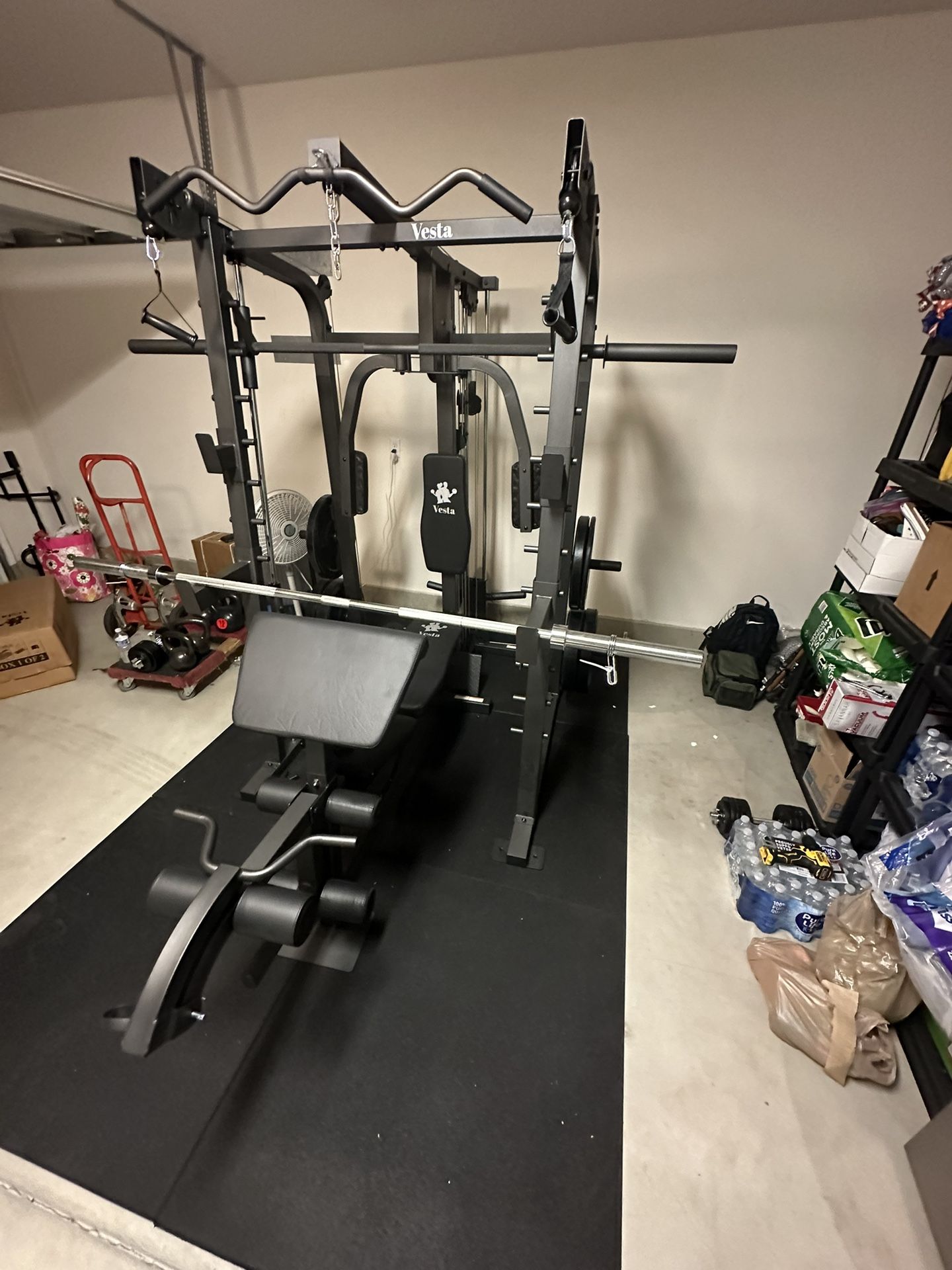 Vesta Fitness Smith Machine 2001 w/Bench Attachment | 230lb Bumpers Weights | 7ft Olympic Bar | Fitness | Gym Equipment | FREE DELIVERY 🚚