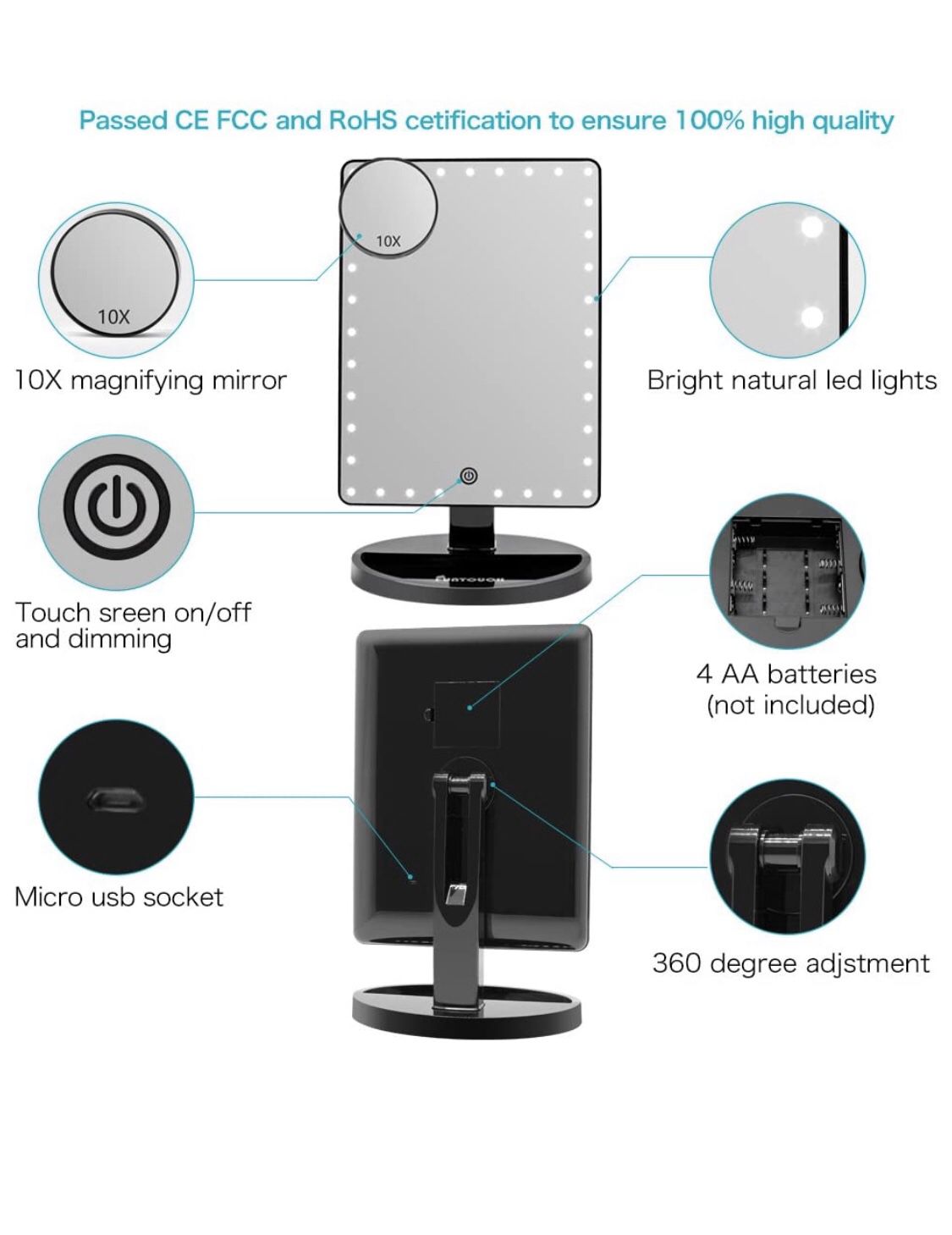 Large Lighted Vanity Makeup Mirror (X-Large Model), Funtouch Light Up Mirror with 35 LED Lights, Touch Screen and 10X Magnification Mirror, 360° Rota