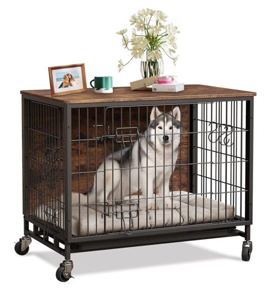 Dog Crate Furniture, 27.2"L x 20.1"W x 23.6"H，Indoor Pet Crate with Double Doors, Removable Tray and 360° Wheels, Wooden Countertop Dog Kennel