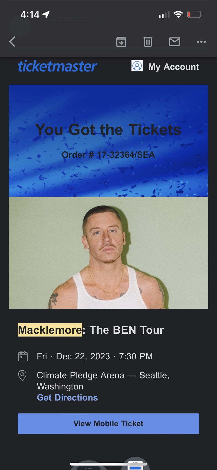 2 floor tickets to Macklemore