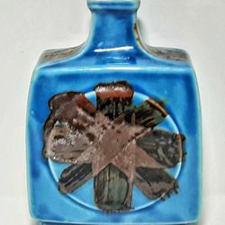 MCM 1970s OMC otagiri blue 5" vase w rust brown Starburst in the center AWESOME ! 