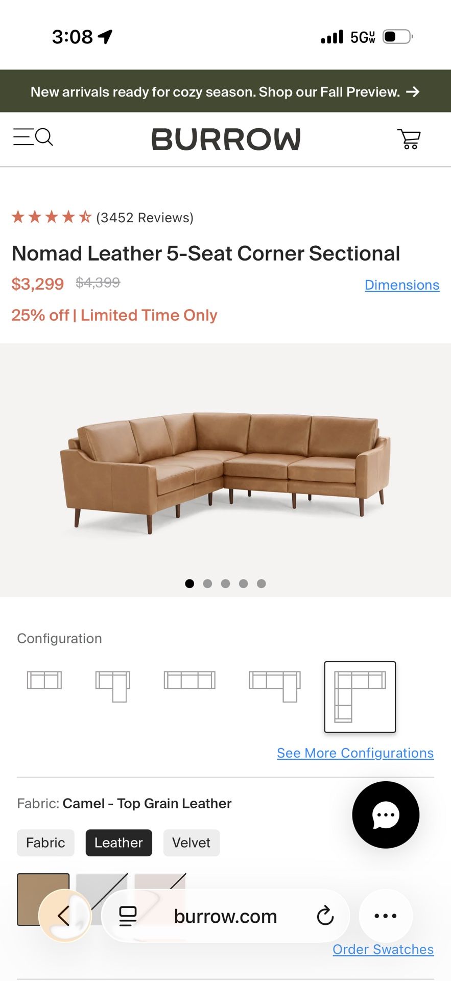 Brand New Burrow Nomad Plus 5-Piece Corner Sectional, Camel, Slope Arm, Walnut - $4524 - Delivery Available