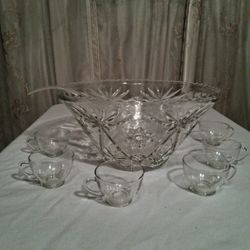 Crystal Punch Bowl Set/8 Glasses Ladel