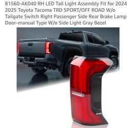 81560-AK040 RH LED Tail Light Assembly Fit for 2024 2025 Toyota Tacoma TRD SPORT/OFF ROAD W/o Tailgate Switch Right Passenger Side Rear Brake Lamp Doo