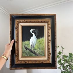 Vintage Original Oil, Painting Of A Crane Bird Wall Hanging Wood Frame, Nature Artwork