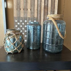 Three Large Medium Jar Decor Vases Nautical Rope Handle 