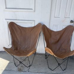Pair of Leather Butterfly Chairs with Black Metal Frames by PB teen