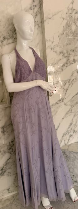 SCALA Vintage Lavender Beaded Silk Halter Evening Gown Open Back Size L Prom