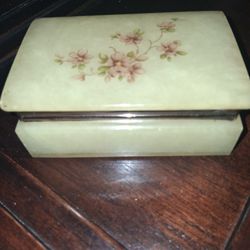 Vintage Italian Hand Carved Alabaster Hinged Jewelry Trinket Box with a Pink Rose Decal