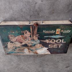 Vintage Handy Andy Tool Set Box With Various Vintage Items Inside Incl Compensated Barometer