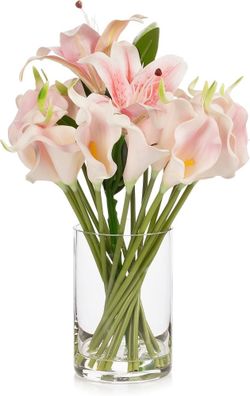 ENOVA FLORAL Real Touch Lilies Artificial Flowers with Vase, Faux Flowers Arrangement in Vase with Faux Water for Dining Table Decor, Wedding Centerpi