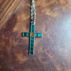 Vintage Silver Toned Cross with Teal and Orange Enamel