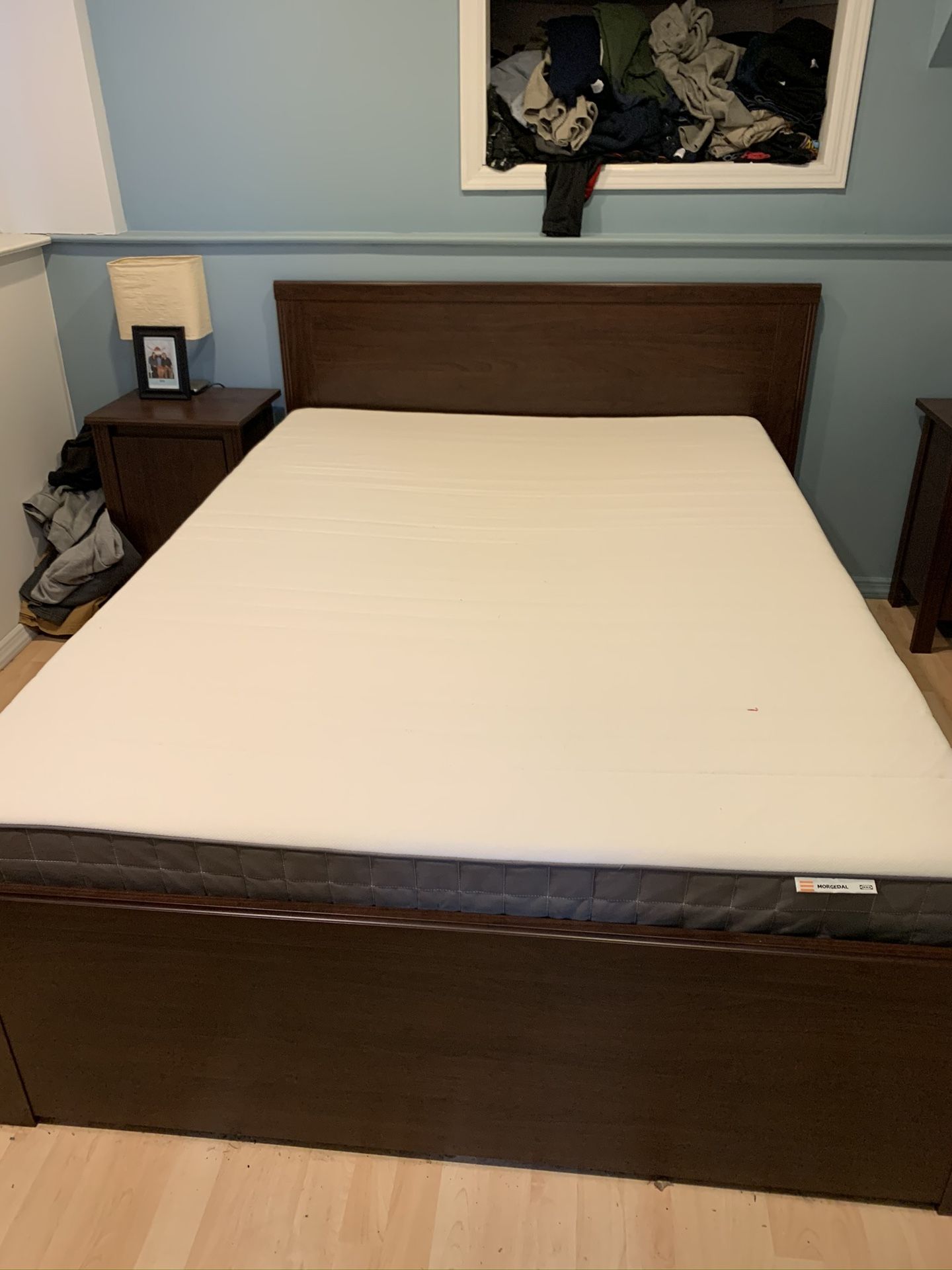 Barely used! IKEA full size frame and mattress with under bed storage drawers