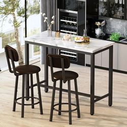 3Piece Bar Table Set, 39.3"Faux Marble Bar Height Table with 2 Backrest Stools,Small Dining Table for 2,Kitchen Table Set for Small Space