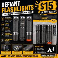 Defiant 300 Lumen Aluminum Flashlights 3-Pack