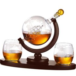 Whiskey Decanter Globe Set with 2 Etched Whiskey Glasses