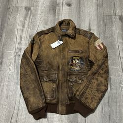 Polo Ralph Lauren Leather Pilot Patch Cow Hide Brown Bomber Jacket Brown Size Small