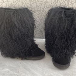 Women Mongolian Fur Boots with Real Tibetan Fluffy Furry Sheep Curly Skin Snow Boot