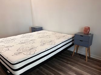 bed with mattress + bedside tables