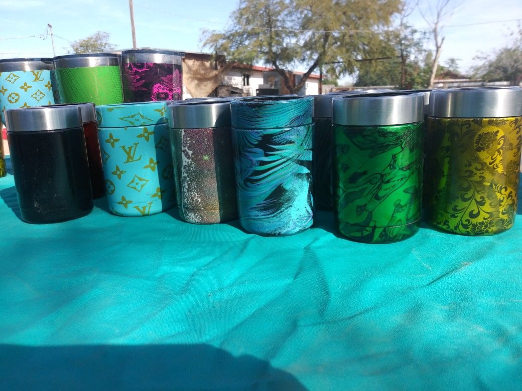 Cups for hot or cold item's Hydro dip painting on outside. Small one's hold a can for soda or beer other items can be painted as well.
