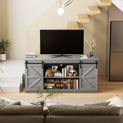 New TV Stand for TVs up to 65 Inch, with Sliding Barn Doors and Storage Cabinets, Console Table and Media Furniture for Living Room, 58 Inch, Gray  Ne