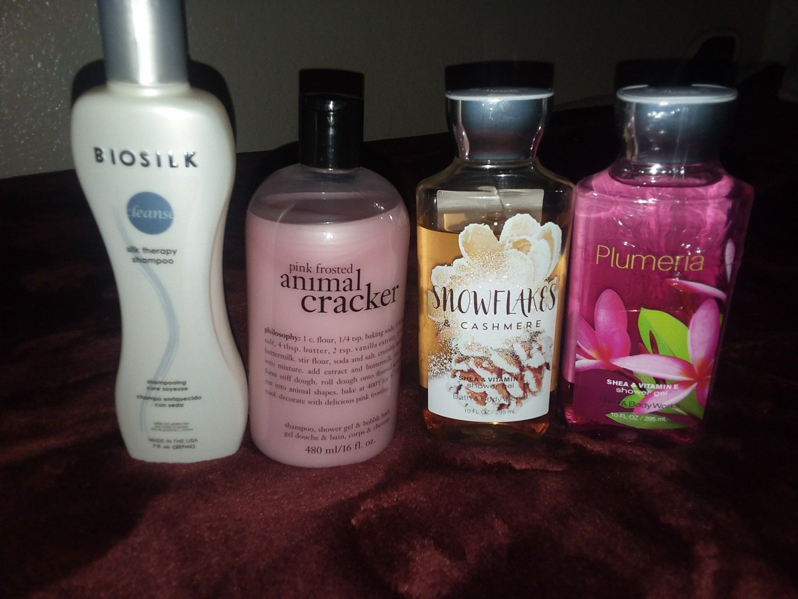 Biosolk shampoo, Philosophy pink frosted animal cracker, Bath & Body works Snowflake, Bath & Body works Plumeria