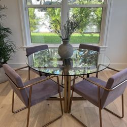 Silverado 47" Round Brass Dining Table + 4 Chairs: CB2