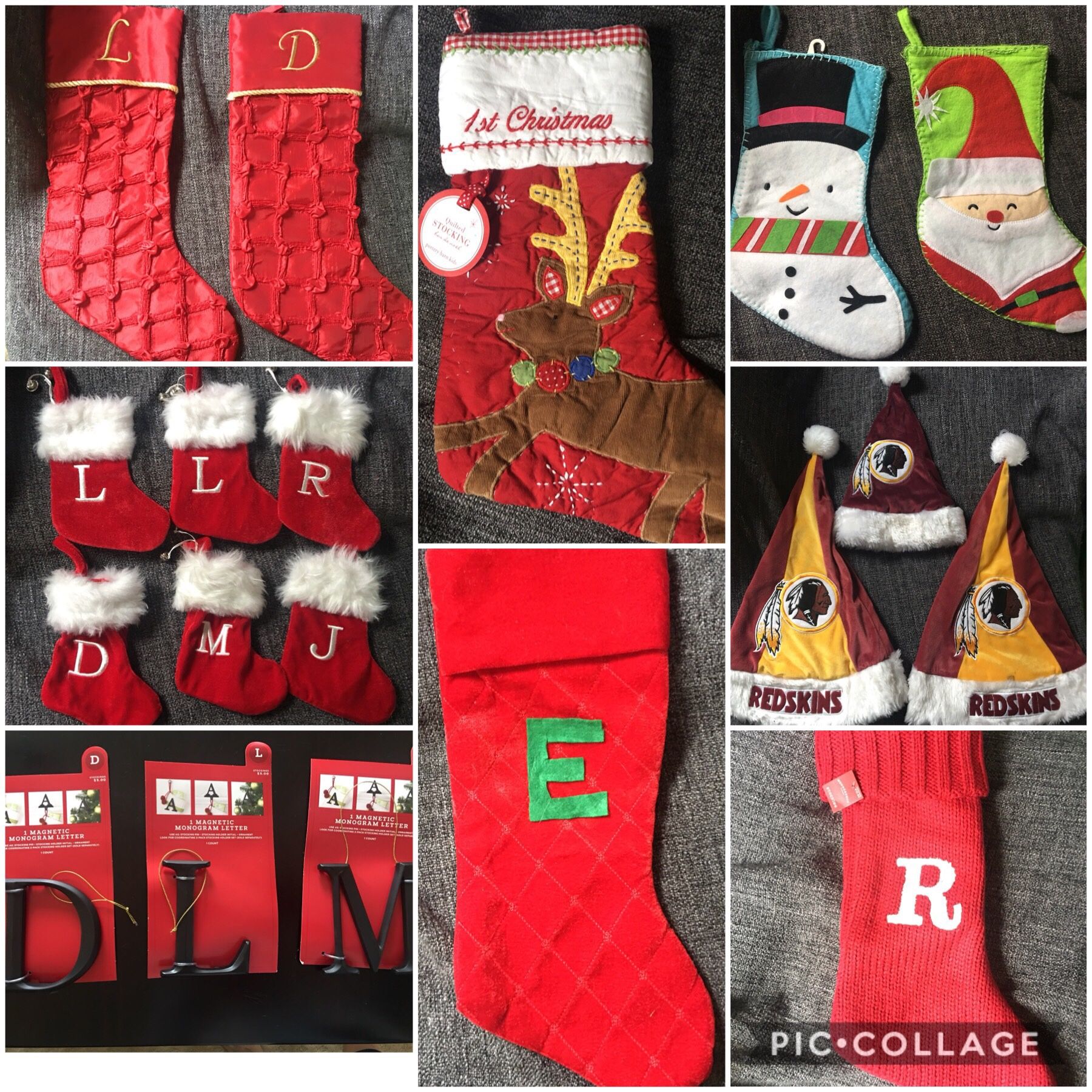 Christmas stockings, fireplace holder, Santa hats