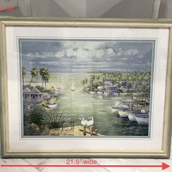 Sage & Cream Custom Wood Framed Laforet Waterfront Print with Pelicans & Sailboats 