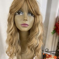 Average Size Synthetic 27” Elegant Reddish Copper Wavy Wig With Blonde Highlights On Lace Cap