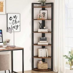 6 Tier Corner Shelf, 70.9 Inch Tall Corner Bookshelf Small Bookcase Rustic Corner Shelving Unit Storage Rack for Living Room, Home Office, Kitchen, Sm