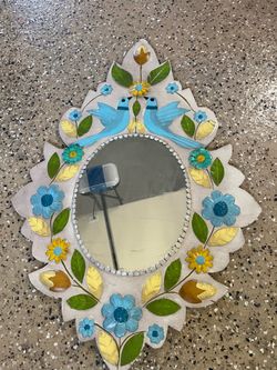 Vintage Hand-Painted Mexican Talavera Ceramic Wall Mirror - Blue Birds & Flowers Folk Art