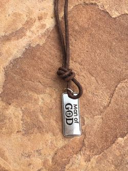 Man of God Tag Necklace Silver Tone Charm on brown Cord