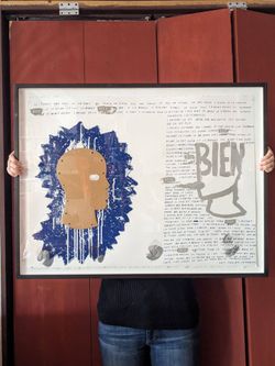 Framed abstract multi media art with french  text