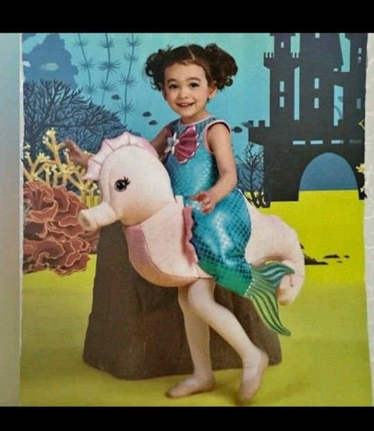 Mermaid Riding Seahorse Plush 3D Ride-Along Halloween Costume Pretend Play Size 5T girls