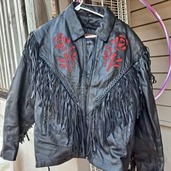 Women's Size XXL Leather Fringe Jacket Red Rose Tassels -$200.00